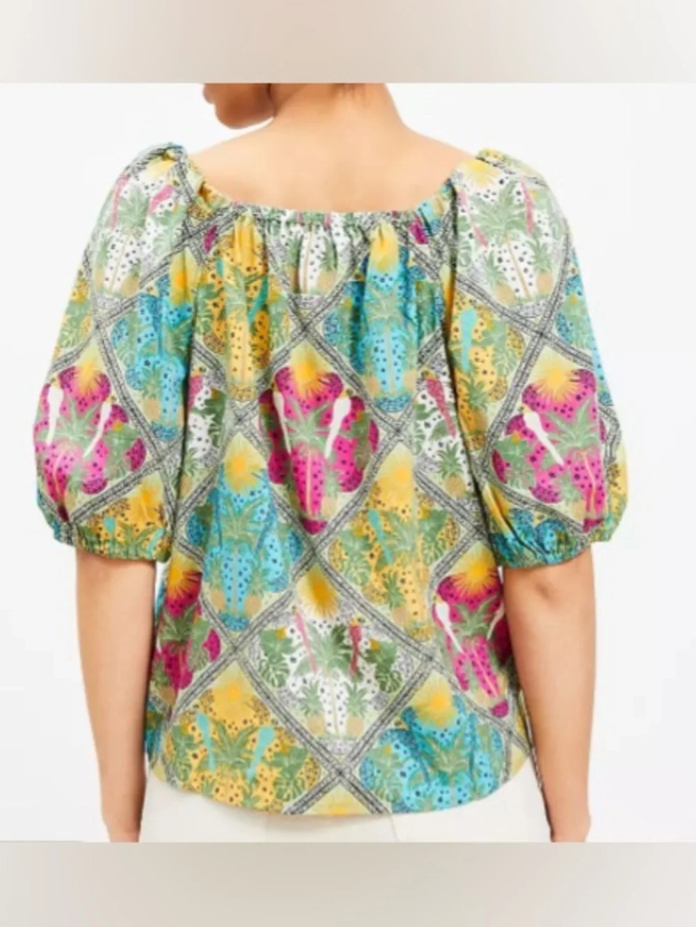 LOFT Vibrant Palm Bubble Sleeve Square Neck Blouse - Size Medium
